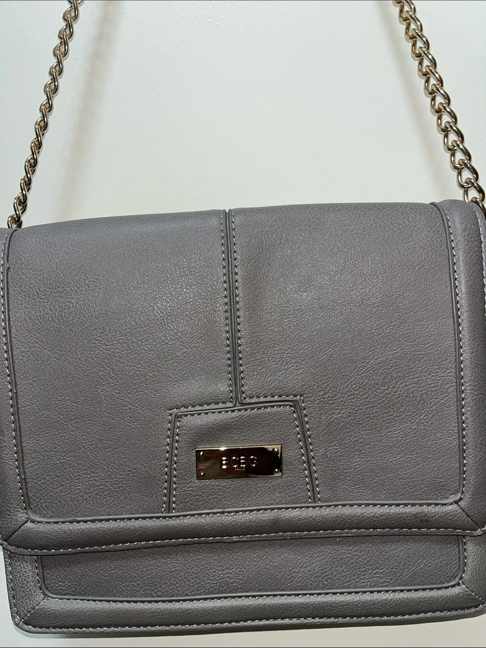 BCBG Paris Gray Leather Crossbody with Chain Strap